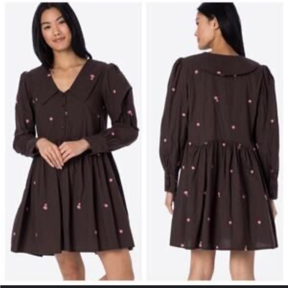 ICHI Brown Floral Embroidered Collared Button Front Mini Dress Size 36